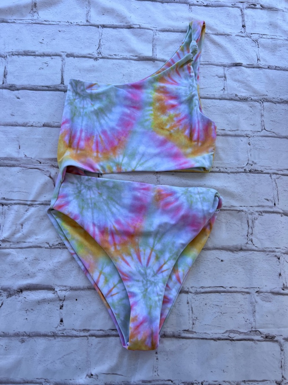 Skatie One-Shoulder Tie-Dye One-Piece Swimsuit in Pink, Yellow, Green